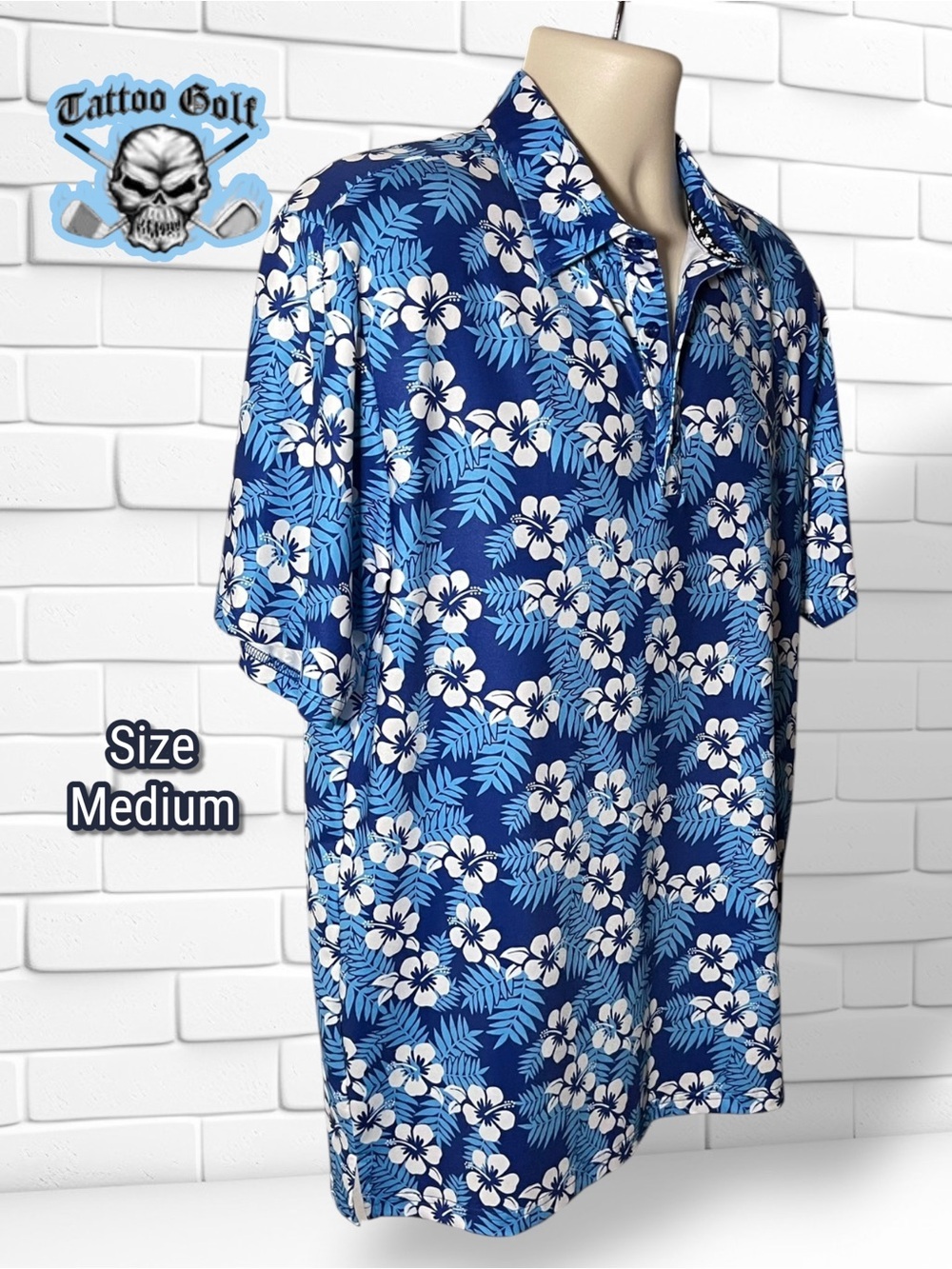 Men's Tattoo Golf Aloha Cool-Stretch
 Hawaiian Golf Shirt Blue Size Medium